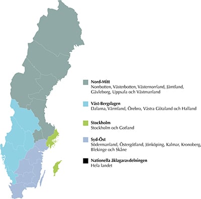 Sverigekarta med åklagarområden och åklagarkammare 2021